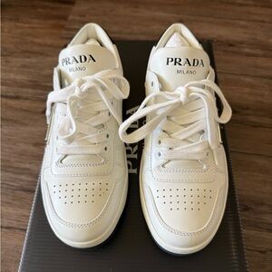 Prada White Leather Low-Top Sneakers with Black Heel Detail
